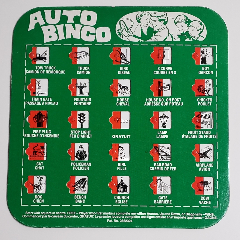 Green Auto Bingo Game Board Vintage Retro Kids Travel Toy